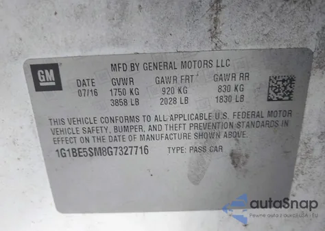 2016 Chevrolet Cruze Lt Auto z USA, uszkodzony, nr VIN 1G1BE5SM8G7327716